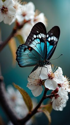 a blue and black butterfly sitting on top of a white blossoming tree with its wings open