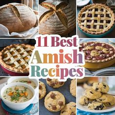 the cover of 11 best amish recipes, with images of pies and other baked goods