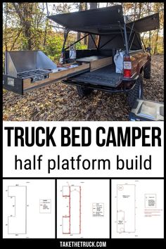 the truck bed camper has been built to look like it's in the woods