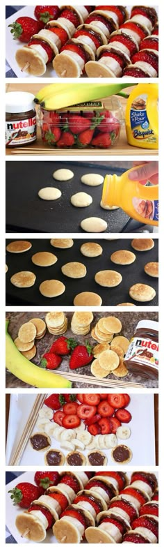 the process of making mini pancakes with strawberries and bananas