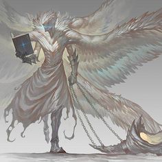 an angel holding a book with chains on it