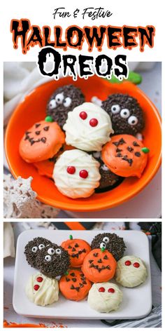 halloween oreos are arranged in an orange bowl on a white plate with the words fun & festive halloween oreos