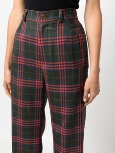 tartan-pattern high-waist trousers from VIVIENNE WESTWOOD featuring dark green, dark orange, wool, cotton, tartan check pattern, high waist, belt loops, front button fastening, two side inset pockets and straight leg. | Vivienne Westwood Tartan-Pattern High-Waist Trousers Luxury Tailored Plaid Bottoms, Dark Orange, Tartan Pattern, Green Dark, High Waisted Trousers, Check Pattern, Dress Codes, Vivienne Westwood, Waist Belt