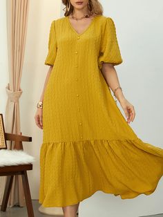 Loose Vacation V neck Short sleeve Plain Long Dress Rose Embroidered Dress, Flowy Summer Dresses, Beautiful Long Dresses, Three Quarter Sleeve Dresses, African Wear Dresses, Short Sleeve Summer Dresses, Nature Dress, Short Sleeve Maxi Dresses, Sweater Dress Women