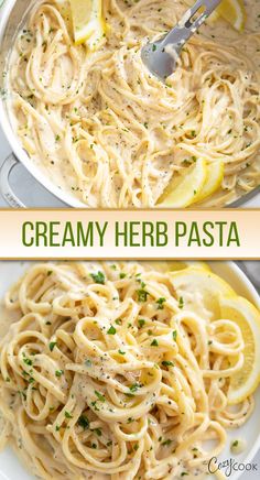 linguine in a creamy herb sauce with slices of lemon Creamy Herb Pasta, Pasta Recipes With White Sauce, Spaghetti White Sauce Recipes, White Pasta Recipes, Herb Pasta Recipe, Wine Pasta Sauce, Pasta Side Dish, White Wine Pasta Sauce, Herb Pasta