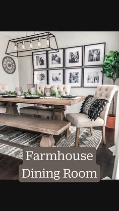 a dining room table and chairs with pictures on the wall above it, along with an area rug