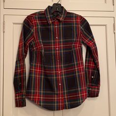 J.Crew Perfect Fit Multi Colored Paid Cotton Long Sleeve Cotton Button Down Shirt. Nwt Size 00p Plaid Button Closure Workwear Top, Plaid Tops With Snap Buttons For Work, Plaid Buttoned Top For Workwear, Plaid Tops With Button Cuffs For Work, Plaid Top With Button Closure For Business Casual, Preppy Buttoned Tops For Work, Preppy Buttoned Tops For Fall, Plaid Button-up Office Tops, Fitted Plaid Blouse With Buttons