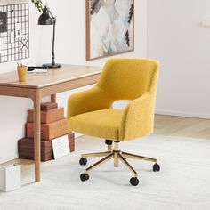 a yellow office chair sitting on top of a white rug next to a wooden desk