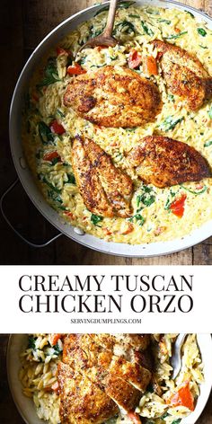 creamy tuscann chicken orzo in a skillet