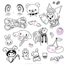 an image of some cartoon animals on a white background with black and pink inks