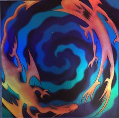 an abstract painting with orange and blue colors