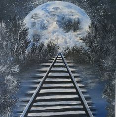 a painting of a train track with the moon in the sky and trees around it