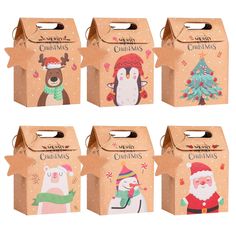 six boxes with christmas designs on them and one has an image of santa claus, snowman