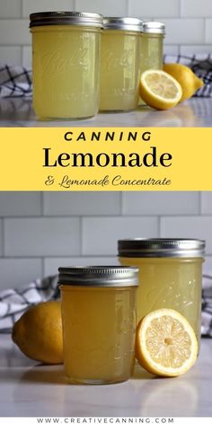 three jars filled with lemonade sitting on top of a counter next to two lemons