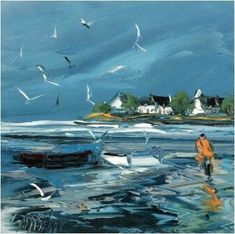 a painting of a man walking on the beach with seagulls flying over him