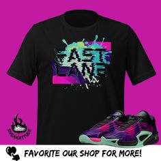 Fast Lane Shirt to Match Luka 3 Midnight Racer Sneaker Tee to Match Pink Purple Shoe Soft and lightweight, with the right amount of stretch. It's comfortable and flattering for all.  * 100% combed and ring-spun cotton * Fabric weight: 4.2 oz./yd.² (142 g/m²) * Pre-shrunk fabric * Side-seamed construction * Shoulder-to-shoulder taping This product is made especially for you as soon as you place an order, which is why it takes us a bit longer to deliver it to you. Making products on demand instead Casual Purple Moisture-wicking T-shirt, Pink Sneakers Outfit, Black Sneakers Outfit, Purple Sneakers, Sneaker Tee, Summer Sneakers, Purple Shoes, Pink Sneakers, Purple Shirt