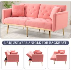 3 adjustable angle sofa for backrests in pink velvet with gold legs and wooden frame