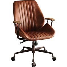 a brown leather office chair on casteors and wheels