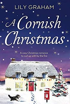 a book cover for a christmas story with a dog in front of a snowy cottage