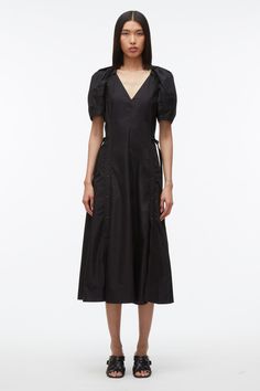 Bloom Sleeve V-Neck Dress – 3.1 Phillip Lim Elegant Poplin Summer Dress, Elegant Poplin Dress For Summer, Chic Poplin Dresses For Spring, Elegant Summer Poplin Dress, Spring V-neck Dress With Voluminous Skirt, Elegant Poplin Daywear Dresses, Spring Voluminous Midi Dress For Formal Occasions, Voluminous Midi Dress For Spring Formal, Elegant Poplin Dresses For Daywear