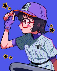 a drawing of a girl with glasses and a baseball uniform