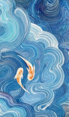 two koi fish are swimming in the water with swirly blue and white waves