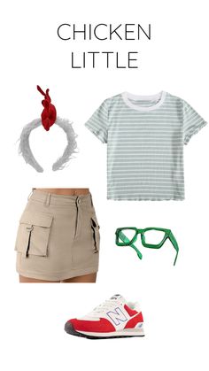 the chicken little outfit is on display in front of a pair of glasses and sneakers