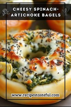 cheese spinach artichoke bagels on a white plate with text overlay