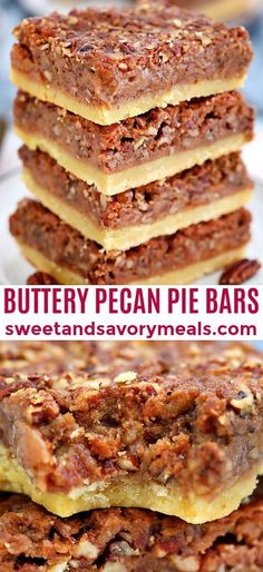 several pieces of pecan pie bars stacked on top of each other with text overlay