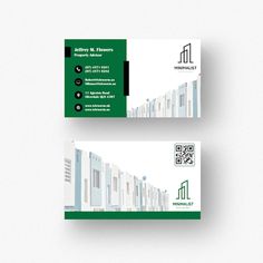 two business cards designed to look like houses with windows and doors on the front, in green and white