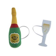 a wine bottle with a glass on the side and a headband attached to it