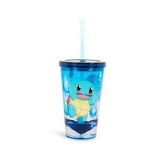 a blue tumbler cup with an image of a turtle on it