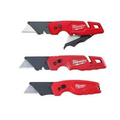 two milwaukee tools knifes with red handles and black blades on white background, side by side