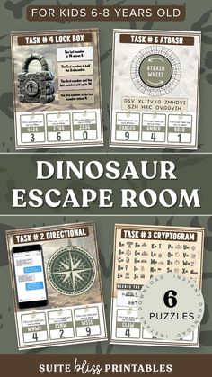 An exciting Dinosaur Escape Room for kids! This engaging and fun-filled Dinosaur printable escape room game includes 6 exciting puzzle challenges that lead to a final secret code, designed for kids aged 6 - 8.This escape room game can be used for multiple occasions, such as a Dinosaur birthday party, family game night, Dinosaur party games for kids, classroom party game, kids sleepovers, or rainy-day activities. #escaperoom Printable Escape Room, Dinosaur Printable