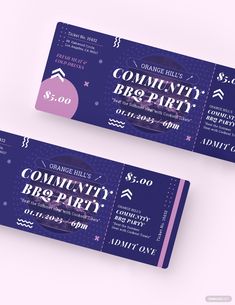 two purple tickets sitting next to each other on top of a pink tablecloth with the words community bbq party printed on it