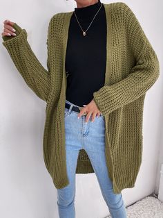 Army Green Casual  Long Sleeve Acrylic Plain Cardigan Embellished Slight Stretch Spring/Fall Women Knitwear Green Long Sleeve Cardigan For Everyday, Patterned Cardigan Outfit, Trendy Green One-size Cardigan, Long Green Sweater, Green Chunky Knit Casual Cardigan, Green Knit Long Sleeve Cardigan, Oversized Green Long Cardigan, Green Cardigan Outfit, Green Sweater Outfit