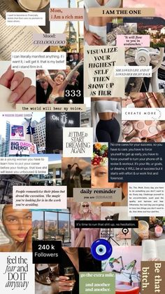 a collage of photos with different words and pictures on the bottom, including one woman's face