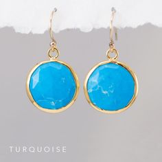 These are beautiful round 15mm faceted bezel set Aqua Blue Chalcedony drops in 18k Gold Vermeil. These are perfectly bezeled and the back of the earring is identical to the front. Add a pop of color to any outfit in these earrings that feature a pair of stunning round gemstones framed in 18k Gold Vermeil. Available in 16 different stone & color options, these earrings make perfect gifts! M A T E R I A L S ∙ A N D ∙ S I Z E Available in GOLD * Gemstone frame is 18k Gold Vermeil * Earring hook Turquoise Faceted Drop Earrings, Blue Bezel Set Earrings For Gift, Elegant Round Faceted Hoop Earrings, Turquoise Circle Earrings Gift, Everyday Round Earrings With Bezel Setting, Elegant Faceted Turquoise Earrings, Elegant Turquoise Faceted Earrings, Everyday Round Crystal Earrings With Ear Wire, Round Turquoise Earrings For Gift