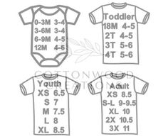 three sizes of baby onesuits with the measurements for each child's body