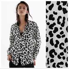 Nwt. Zara Oyster White/Black Animal Print Satin Effect Loose-Fitting Button-Up Shirt With A Regular Collar And Long Sleeves. Size Xs. Ref. 2535/308. Pit To Pit 20" Flat, Shoulders 17", Sleeves 22", Length 29". 1012 Chic Printed Tops For Loungewear, Black Printed Top For Loungewear, Casual Tops With All Over Print For Work, Casual All Over Print Tops For Work, White Tops With All Over Print, White Summer Blouse With All Over Print, Trendy Zara Shirt In Relaxed Fit, Chic Long Sleeve Top With All Over Print, White Blouse With All Over Print For Summer