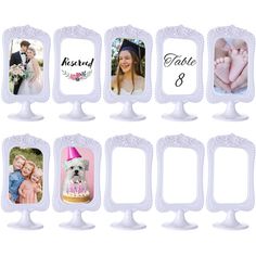 a set of eight white photo frames with photos on the front and back, each holding a child's first birthday cake