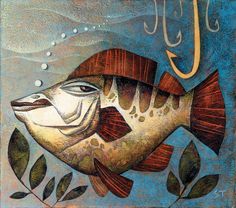 a painting of a fish with the letter j on it