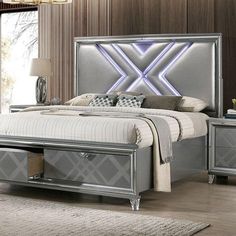 Emmeline FOA7147 Silver Contemporary Bed By furniture of america - sofafair.com Low Profile Bed, Eastern King Bed, Storage Platform Bed, Mirror Headboard, Storage Platform, Bedroom Sets Queen, Padded Headboard, Contemporary Bed, Headboard Storage