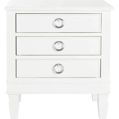 a white nightstand with three drawers and two knobs