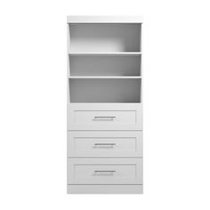 a white bookcase with three drawers on the bottom and one drawer in the middle