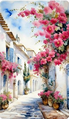 a painting of pink flowers growing on the side of a building