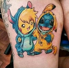 two cartoon tattoos on the legs of someone's thighs, one with a yellow and blue outfit