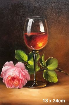 a painting of a glass of wine and a rose