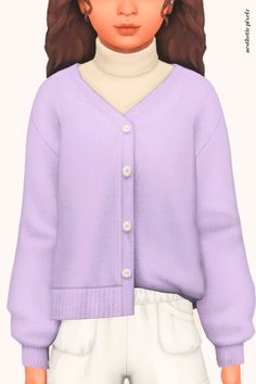 a girl with long hair wearing a purple sweater and white pants