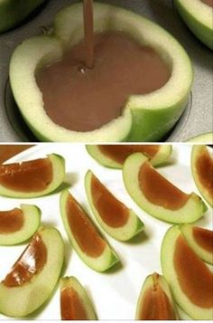 an image of caramel apples being sliced and put in the oven with chocolate sauce